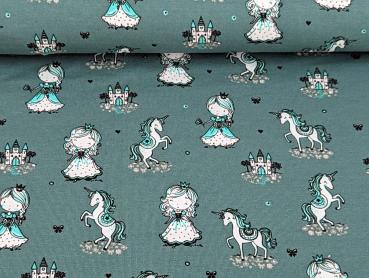 Baumwolljersey Prinzessin Einhorn auf Dark Dusty Mint